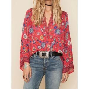 Tddpsshdp blouse women's small floral lovebird print mandarin boho fairy coral